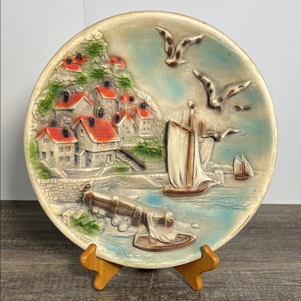 Vintage 3D Chalkware Nautical Village Wall Art Red Blue